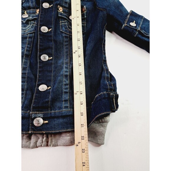 True Religion Jimmy Hooded Denim Jacket Distressed Built In Hoodie Unisex Sz XS - Picture 4 of 7